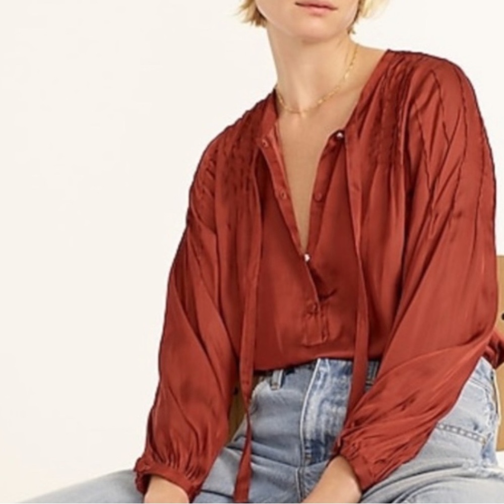 New JCrew feather weight satin tie neck blouse